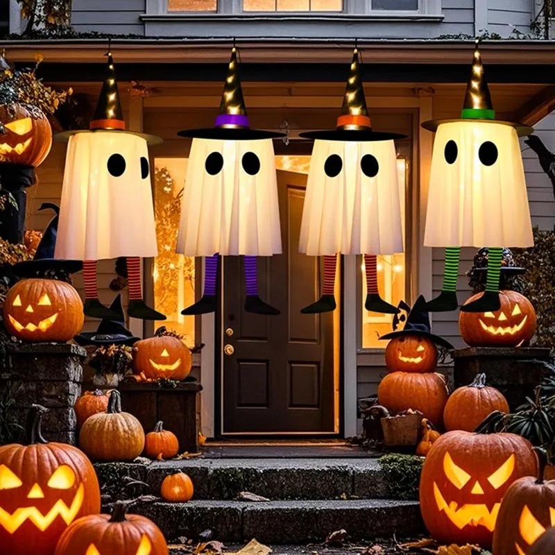 Outdoor Lighting Effects - ハロウィン吊り下げゴーストデコレーション、屋外用ハロウィン魔女帽子ライト、庭の木に飾る光るゴースト、庭のハロウィン装飾