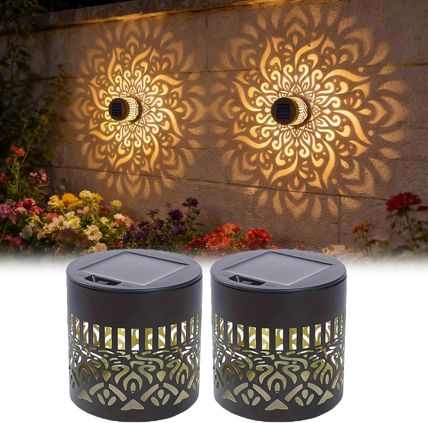 Outdoor Lighting Ip65 - 2個セット ソーラーガーデンライト IP65 耐久性のある金属製屋外LEDランタン マンダラ模様の透かし彫りデザイン 耐候性のある雰囲気のあるナイトライト