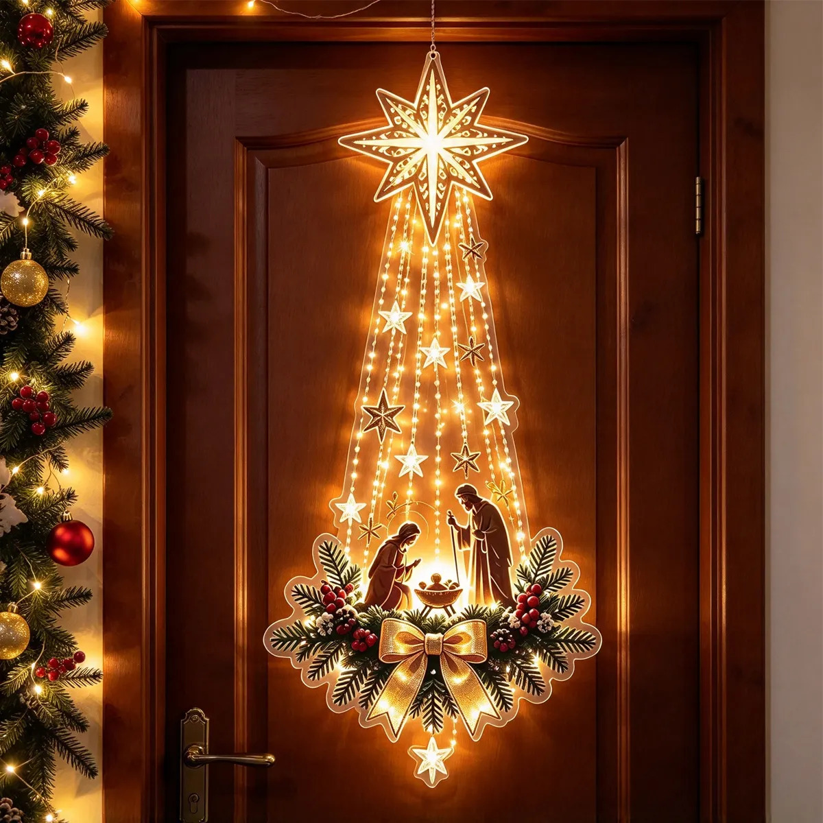 Outdoor Lighting Effects - クリスマス用ドアハンガー1個。LEDライトで光る装飾品。玄関、壁、屋内、屋外、ホリデーパーティーのギフトに最適。
