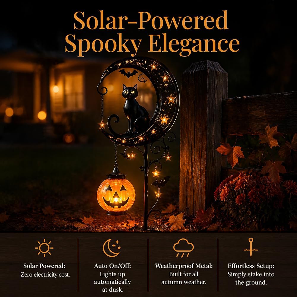 ソーラーハロウィン黒猫＆パンプキンムーンガーデンステークライ - Outdoor Lighting Black のレビューと価格