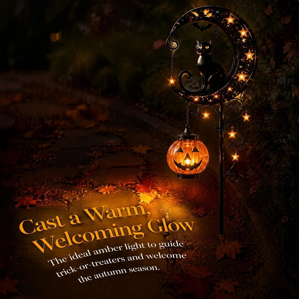 ソーラーハロウィン黒猫＆パンプキンムーンガーデンステークライ - Outdoor Lighting Black のレビューと価格