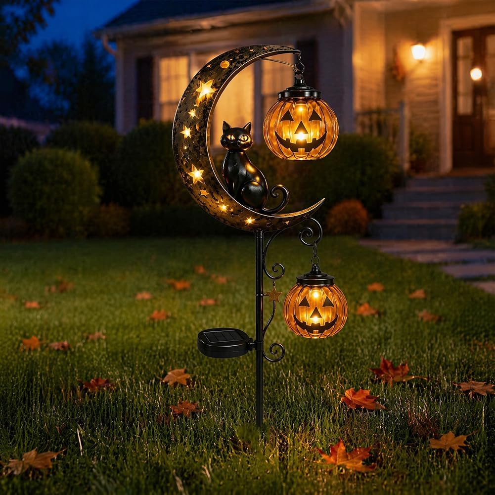 ソーラーハロウィン黒猫＆パンプキンムーンガーデンステークライ - Outdoor Lighting Black のレビューと価格